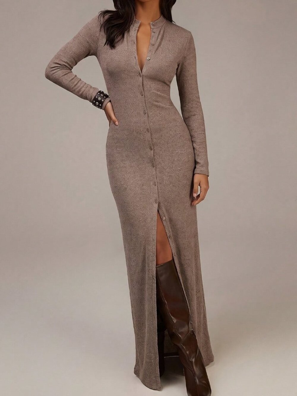 Brown Casual Women's Long Sleeved Long Dress